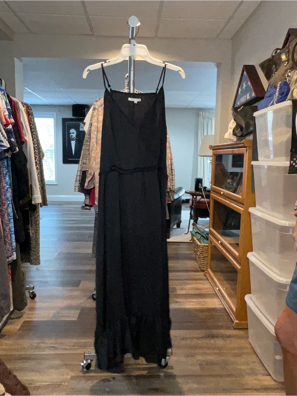 Avec Les Filles Black Spaghetti-Strap Maxi Dress with Ruffle Hem